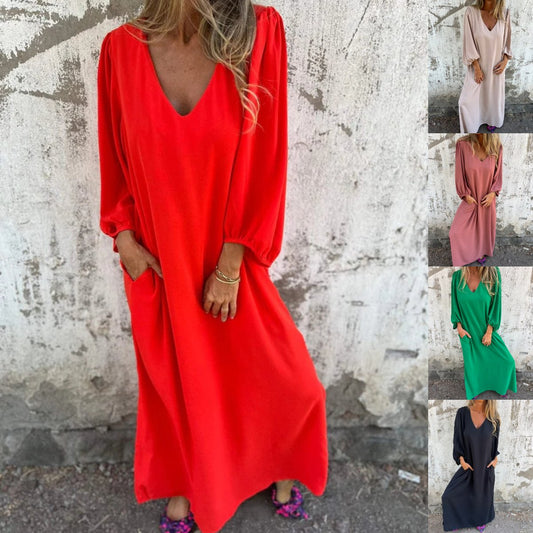 🔥Hot Sale 50% OFF🔥V-neck Solid Color Lantern Sleeve Dress
