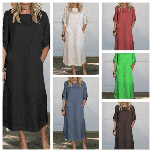 🌷LAST DAY SALE 50% OFF🌷Women's Cotton and Linen Solid Color Loose Dresses