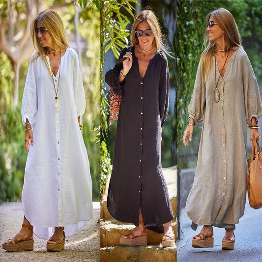 Women’s Minimalist Cotton Linen V-neck Long Dress