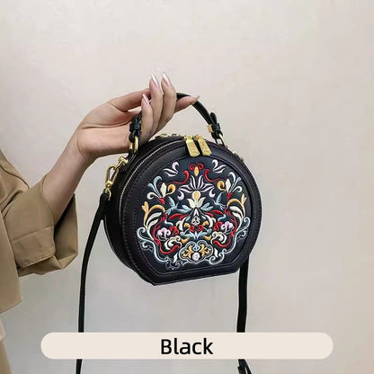 Embroidered Small Round Crossbody Bag